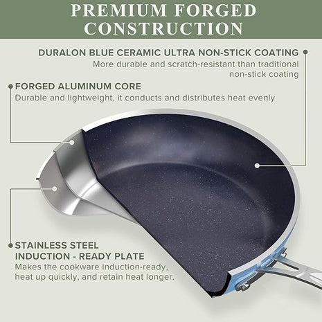 Nuwave Healthy Duralon Blue Ceramic Nonstick Cookware Set, Diamond Infused Scratch-Resistant, PFAS Free, Dishwasher & Oven Safe, Induction Ready & Evenly Heats, Tempered Glass Lids & Stay-Cool Handles