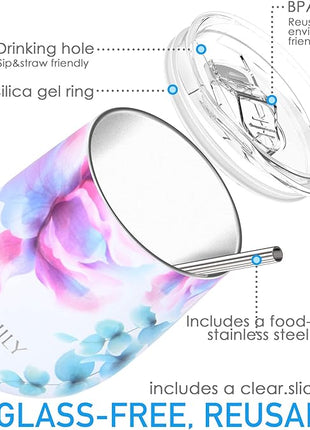 THILY Stainless Steel Insulated Wine Tumbler Stemless Wine Glass with Lid and Straw, Splash-proof, Cute Travel Cup for Coffee, Cocktails, Christmas Gift for Women, Mother, Wife, Girls, Pink Lilies