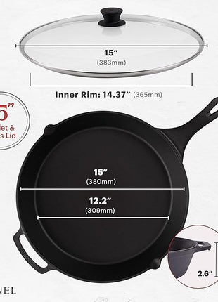 Cuisinel 15" Cast Iron Skillet + Glass Lid Cover + Black Pan Scraper + Silicone Handle Grip Cover - Pre-seasoned Kitchen Cookware - Indoor/Outdoor - Camping, Grilling, BBQ, Oven Use