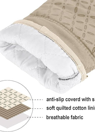 KEGOUU Oven Mitts and Pot Holders 6pcs Set, Kitchen Oven Glove High Heat Resistant 500 Degree Extra Long Oven Mitts and Potholder with Non-Slip Silicone Surface for Cooking (Almond)