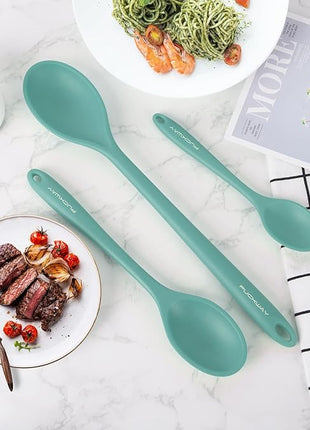 3 Pcs Silicone Spoons Set of 7.9 10.6 14.2 inch for Cooking, Heat Resistant Kitchen Spoons for Mixing, Stirring, and Serving, Small to Large Non Stick (Green)