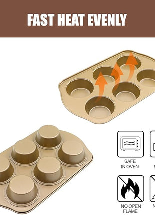 Jumbo Muffin Pan 2 Pack, Nonstick Large Cupcake Pan 6 Cup, Heavy Duty 0.5mm Thick Steel Big Muffin Tins for Baking, 3.5inch Dia, Gold
