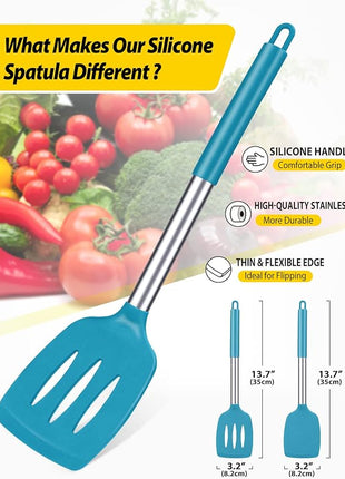 Pack of 2 Silicone Solid Turner, Non Stick Slotted Kitchen Spatulas, High Heat Resistant BPA Free Cooking Utensils, Ideal Cookware for Fish, Eggs, Pancakes(Blue)