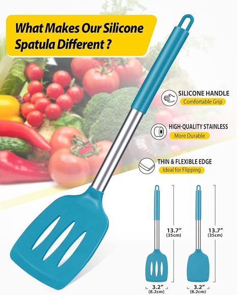 Pack of 2 Silicone Solid Turner, Non Stick Slotted Kitchen Spatulas, High Heat Resistant BPA Free Cooking Utensils, Ideal Cookware for Fish, Eggs, Pancakes(Blue)