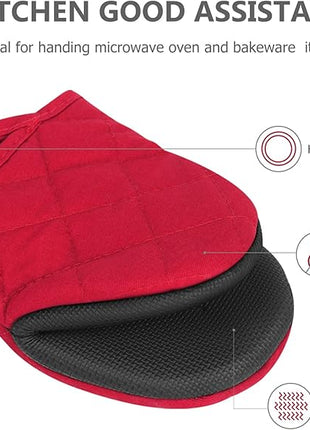 Qulable 1 Pair Short Oven Mitts - Silicone Kitchen Oven Gloves High Heat Resistant 500℉, Mini Oven Mits with Non-Slip Grip Surfaces and Hanging Loop for BBQ, Baking, Cooking and Grilling (Red)