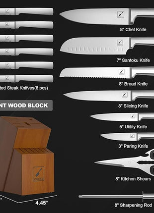 Knife Set - imarku Kitchen Knife Set 15 Piece Japanese Stainless Steel Knife Block Set with Sharpener - Dishwasher Safe Kitchen Knives - Ultra Sharp Chef Knife Set for Kitchen, Silver