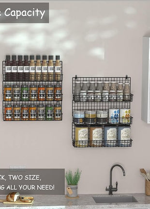JKsmart 6-Tier Spice Rack Organizer with Door Hook, Wall Mounted & Over the Door Spice Racks for Kitchen Pantry Door Cabinet, Two Size, Large Capacity, Black