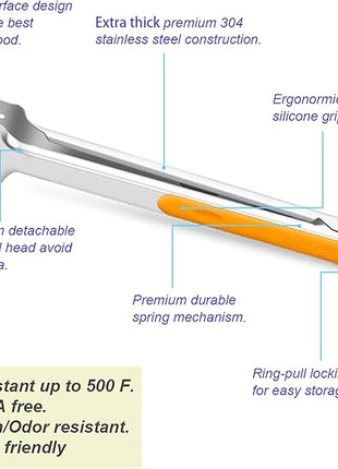 Premium 304 Stainless Steel Barbecue Turners, Heavy Duty Non-Stick BBQ Cooking Kitchen Tongs, 9" and 12" Orange