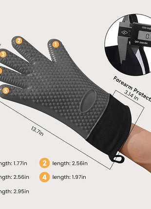 GEEKHOM BBQ Gloves Heat Resistant Oven Mitts - Silicone Grilling Gloves with 13.7" Arm Protection - Waterproof Pot Holder Non-Slip for Men & Women, Kitchen Outdoor Cooking, Baking, Camping, Gray