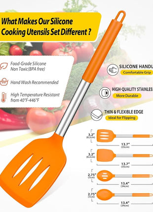 Pack of 4 Silicone Cooking Utensils Set, Non Stick Large Solid Spatulas, Heat Resistant Slotted Spoons, Ideal BPA Free Kitchen Turners for Frying, Mixing,Serving,Draining,Turning,Stirring (ORANGE)