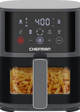 Chefman Air Fryer – 4 QT Compact Airfryer for Quick & Easy Meals, Features Hi-Fry Technology for Extra Crisp, Easy-View Window, Touch Controls with 4 Presets, Nonstick & Dishwasher Safe Basket - Grey