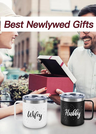 Husband and Wife Gifts, Mr & Mrs Coffee Mugs Set, Hubby and Wifey Gifts, Newlywed Gif 14oz Stainless Steel Insulated Mug(Black White)