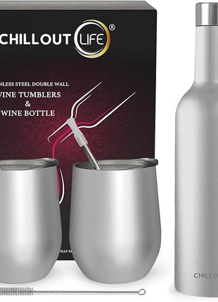 CHILLOUT LIFE 12 oz Stainless Steel Wine Tumblers 2 Pack & 1 Insulated Wine Bottle - Double Wall Vacuum Insulated Wine Glasses Cups with Lids and Straws Set Keeping Cold & Hot Gift Set