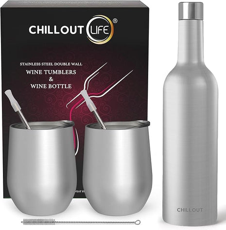 CHILLOUT LIFE 12 oz Stainless Steel Wine Tumblers 2 Pack & 1 Insulated Wine Bottle - Double Wall Vacuum Insulated Wine Glasses Cups with Lids and Straws Set Keeping Cold & Hot Gift Set