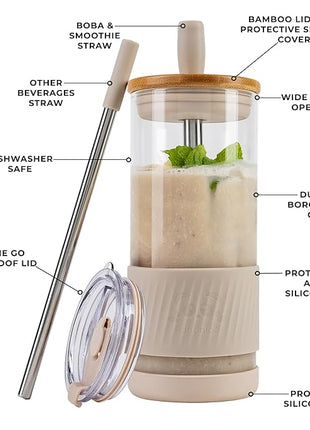Pandaloo® Glass Cups With Lids and Straws -20 Fl Oz- Perfect Size Iced Coffee Cup - Smoothie Cup With Bamboo Lid and On the go Lid (Creamy Mushroom, 1 Count (Pack of 1)