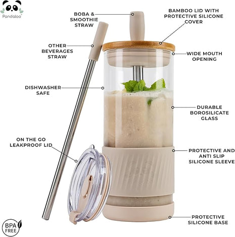 Pandaloo® Glass Cups With Lids and Straws -20 Fl Oz- Perfect Size Iced Coffee Cup - Smoothie Cup With Bamboo Lid and On the go Lid - Glass Tumbler (2 Count (Pack of 1), Lilac-Creamy Mushroom)