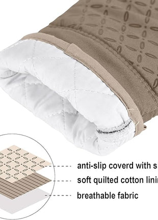 KEGOUU Oven Mitts and Pot Holders 6pcs Set, Kitchen Oven Glove High Heat Resistant 500 Degree Extra Long Oven Mitts and Potholder with Non-Slip Silicone Surface for Cooking (Khaki)