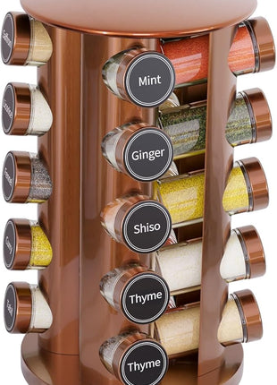 New England Stories Revolving Spice Rack Set with 20 Spice Jars, Kitchen Spice Tower Organizer for Countertop or Cabinet - Carousel Storage Includes 386 Spice Labels (Gold)