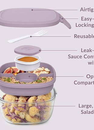 Bentgo Glass All-in-One Salad Container - Large 61-oz Salad Bowl with Lid, 4-Compartment Bento-Style Tray, 3-oz Sauce Container, and Reusable Fork - Dishwasher, Microwave, and Oven Safe (Lavender)