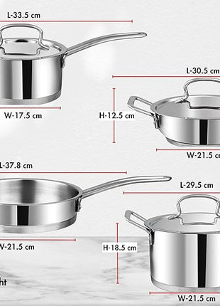 Vinod Classic Deluxe Stainless Steel Cookware Combo Set of 4 Pcs/Saucepan, Saucepot, Kadai and Frypan/Deep Kadhai for Cooking/Heavy Induction Bottom