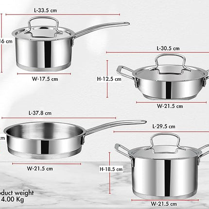 Vinod Classic Deluxe Stainless Steel Cookware Combo Set of 4 Pcs/Saucepan, Saucepot, Kadai and Frypan/Deep Kadhai for Cooking/Heavy Induction Bottom