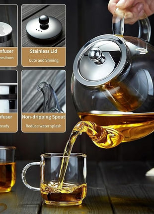 60OZ (1800ML) Glass Teapot with Infuser Stovetop Safe, Clear Glass Tea Pot Kettle, Borosilicate Tea Pot with Infusers Filter for Loose Tea, Tea Kettle Dishwasher Safe