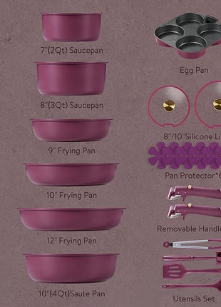 CAROTE 21pcs Pots and Pans Set, Nonstick Cookware Set Detachable Handle, Induction Kitchen Cookware Sets Non Stick with Removable Handle, RV Cookware Set, Gold and Purple
