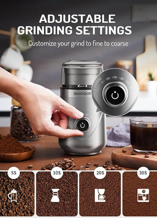 SHARDOR Electric Super Silent Blade Coffee Grinder, Timed Grind Control Rotary Knob, Adjustable Coarse to Fine for Coffee Beans, Spices & Herbs, with 2 Removable Stainless Steel Bowl, Silver