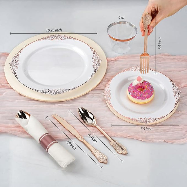 175PCS Rose Gold Plastic Plates for 25 Guests, Disposable Dinnerware Sets Include 50 Rose Gold Rim Plastic Plates, 25 Silverwares and 25 Cups, 25 Pre Rolled Napkins for Party, Graduation