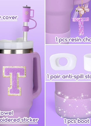 Mity rain 6PCS Cup Accessories Set for Stanley Cup 30oz 40oz tumbler with handle, Including Silicone Straw Topper Cover Cap and Boot, Spill Proof Stopper, Handle Charm, Initials Sticker (Letter T)