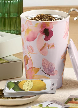 Tea Forte Double-Walled Ceramic Kati Cup, Removable Stainless Steel Infuser Basket and Lid, Steeps 12 oz Loose Leaf Tea, Dishwasher & Microwave Safe, Mariposa