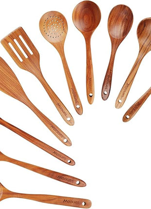 Wooden Spoons for Cooking, Wooden Utensils for Cooking Natural Teak Wooden Kitchen Utensils Set Comfort Grip (10 PCS SET)