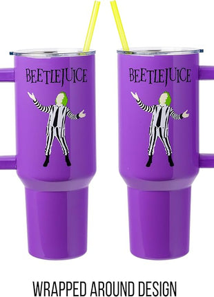 Silver Buffalo Tim Burton Beetlejuice Stainless Steel Tumbler with Handle and Straw, Fits in Standard Cup Holder, 40 Ounces