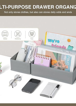 DIMJ Drawer Organizers Clothes, Set of 4 Dresser Organizer Bins, Fabric Closet Organizers and Storage, Shallow Drawer Dividers for Nursery, Clothing, Baby Clothes, Socks, Underwears, Tie (Grey)