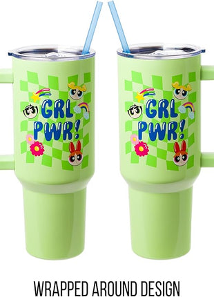 Silver Buffalo Powerpuff Girls Girl Power Groovy Retro Featuring Blossom, Bubbles, and Buttercup Stainless Steel Tumbler with Handle and Straw, Fits in Standard Cup Holder, 40 Ounces