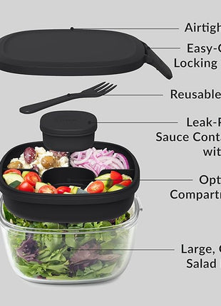 Bentgo Glass All-in-One Salad Container - Large 61-oz Salad Bowl with Lid, 4-Compartment Bento-Style Tray, 3-oz Sauce Container, and Reusable Fork - Dishwasher, Microwave, and Oven Safe (Black Onyx)