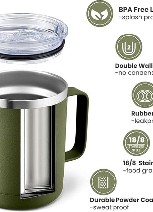 MEWAY 12oz Coffee Mug With Handle 8 Pack Bulk,Stainless Steel Insulated Travel Tumblers With Sliding Lid,Double Wall Vacuum Camping Cup for Hot & Cold Drinks Tea (Army Green,Set of 8)