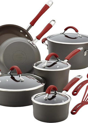 Rachael Ray - 87630 Rachael Ray Cucina Hard Anodized Nonstick Cookware Pots and Pans Set, 12 Piece, Gray with Red Handles