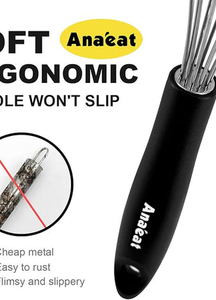 Anaeat Stainless Steel Kitchen Whisk Set of 4, Milk and Egg Beater Blender with Thick Wire for Whisking, Cooking, Baking, Beating and Stirring - 11'' Flat Whisk and 8.5''+10.5''+12'' Balloon Whisks