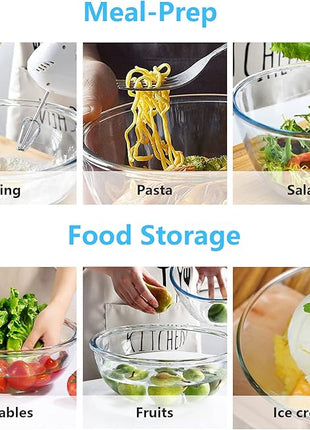 WhiteRhino Glass Mixing Bowl with Lids Set of 5, 0.2, 0.5, 1.1, 2.1, 3.75 QT, Large Salad Bowls with BPA-Free Lids, Space-Saving Nesting Bowls for Kitchen Food Storage, Glass bowl for Cooking, Baking