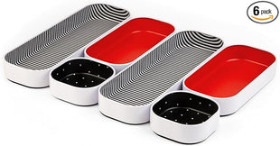 Three by Three Seattle 6 Piece Shallow Metal Organizer Tray Set for Storing Makeup, Stationery, Utensils, and More in Office Desk, Kitchen and Bathroom Drawers (1 Inch, Red Dots and Stripes)