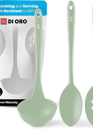DI ORO Silicone Ladle & Spoons for Cooking – Large Kitchen Spoons for Mixing, Serving, & Stirring - Soup Ladle with Wide Bowl - High Heat Silicone Kitchen Utensils for Nonstick Cookware Safe (Sage)