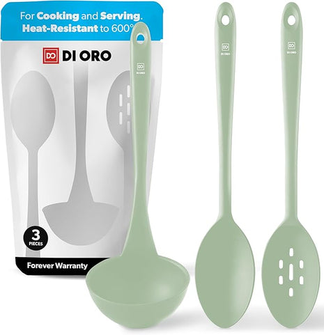 DI ORO Silicone Ladle & Spoons for Cooking – Large Kitchen Spoons for Mixing, Serving, & Stirring - Soup Ladle with Wide Bowl - High Heat Silicone Kitchen Utensils for Nonstick Cookware Safe (Sage)
