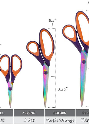 BambooMN Titanium Softgrip Scissors Set for Sewing, Arts, Crafts, Office - Purple w/Orange - 30 Set of 3