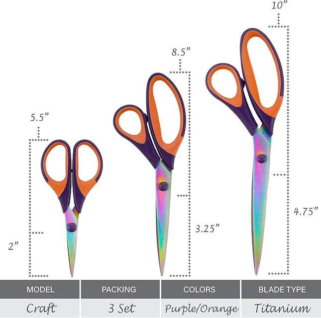 BambooMN Titanium Softgrip Scissors Set for Sewing, Arts, Crafts, Office - Purple w/Orange - 3 Set of 3