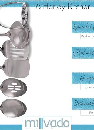 Stainless Steel Kitchen Utensil Set, Cooking Utensils, Set of 6 Kitchen Tools, Solid Spoon, Slotted Spoon, Solid Turner, Slotted Turner, Soup Ladle, Potato Masher, Dishwasher Safe