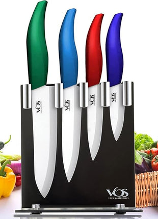 Vos Ceramic Knife Set with Block, Ceramic Knives Set For Kitchen, Ultra Sharp Kitchen Knife Set with Covers, 3" 4" 5" 6" Chef Knife, Utility, Paring & versatile, Light & Dishwasher safe (Multi-Color)