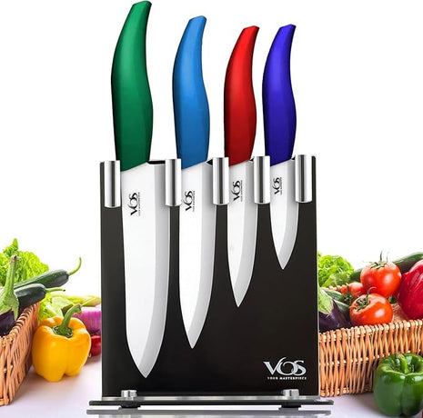 Vos Ceramic Knife Set with Block, Ceramic Knives Set For Kitchen, Ultra Sharp Kitchen Knife Set with Covers, 3" 4" 5" 6" Chef Knife, Utility, Paring & versatile, Light & Dishwasher safe (Multi-Color)