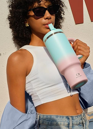 32 oz Tumbler with Handle and Straw: Stainless Steel Insulated Tumbler Keeps Cold for 24 Hours, Leakproof Travel Cup Fits in Cup Holder and BPA-Free, Cherry Blossom