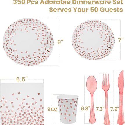 AIRE 350PCS White and Rose Gold Paper Plates Party Supplies for 50 Guests Party Decorations Dinnerware Rose Golden Dot Paper Plates Napkins Cups Gold Plastic Forks Knives Spoons for Wedding Birthday
